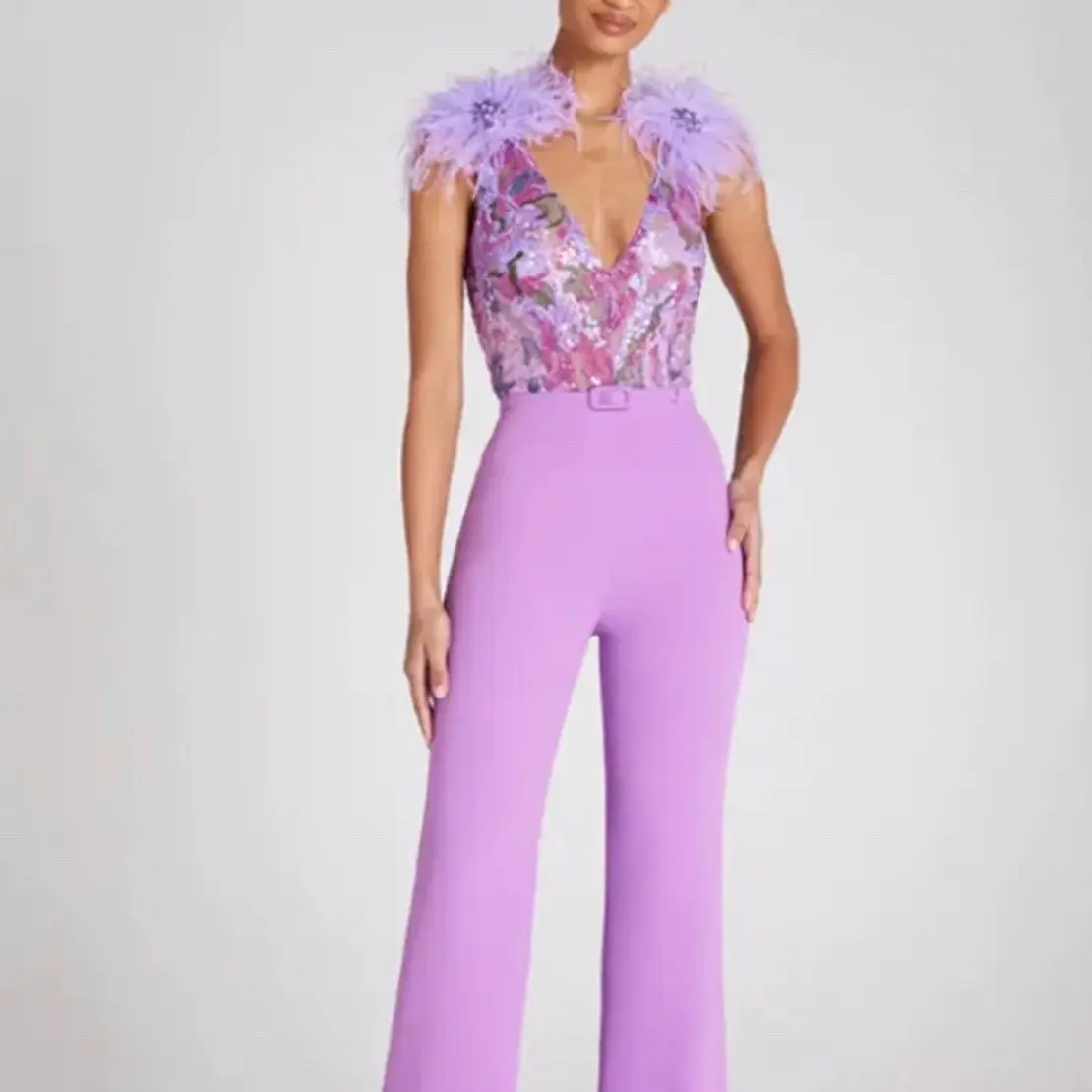 Sequins Feather Jumpsuit Violet Sleeveles Women