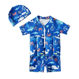 Children Floating Swimsuit, Full Set Of Floating Suits For Boys And Girls, Summer Beach Vacation Swimming Short-Sleeved Swimming Swimsuit, With Zipper For Easy Wearing And Taking Off Buoyancy Suit And Swimming Cap