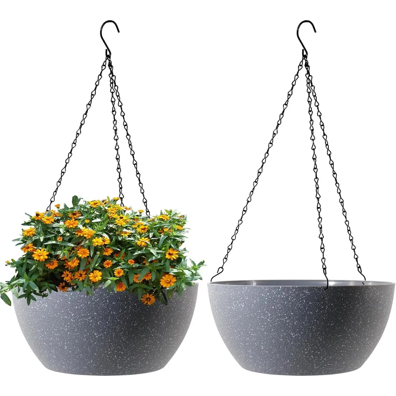 13 in Breathable Hanging Plant Basket, 2-Pack Large Round Speckled Grey Planters with Drainage Holes & Chain, Outdoor Garden Accessories for Home Porch Decor