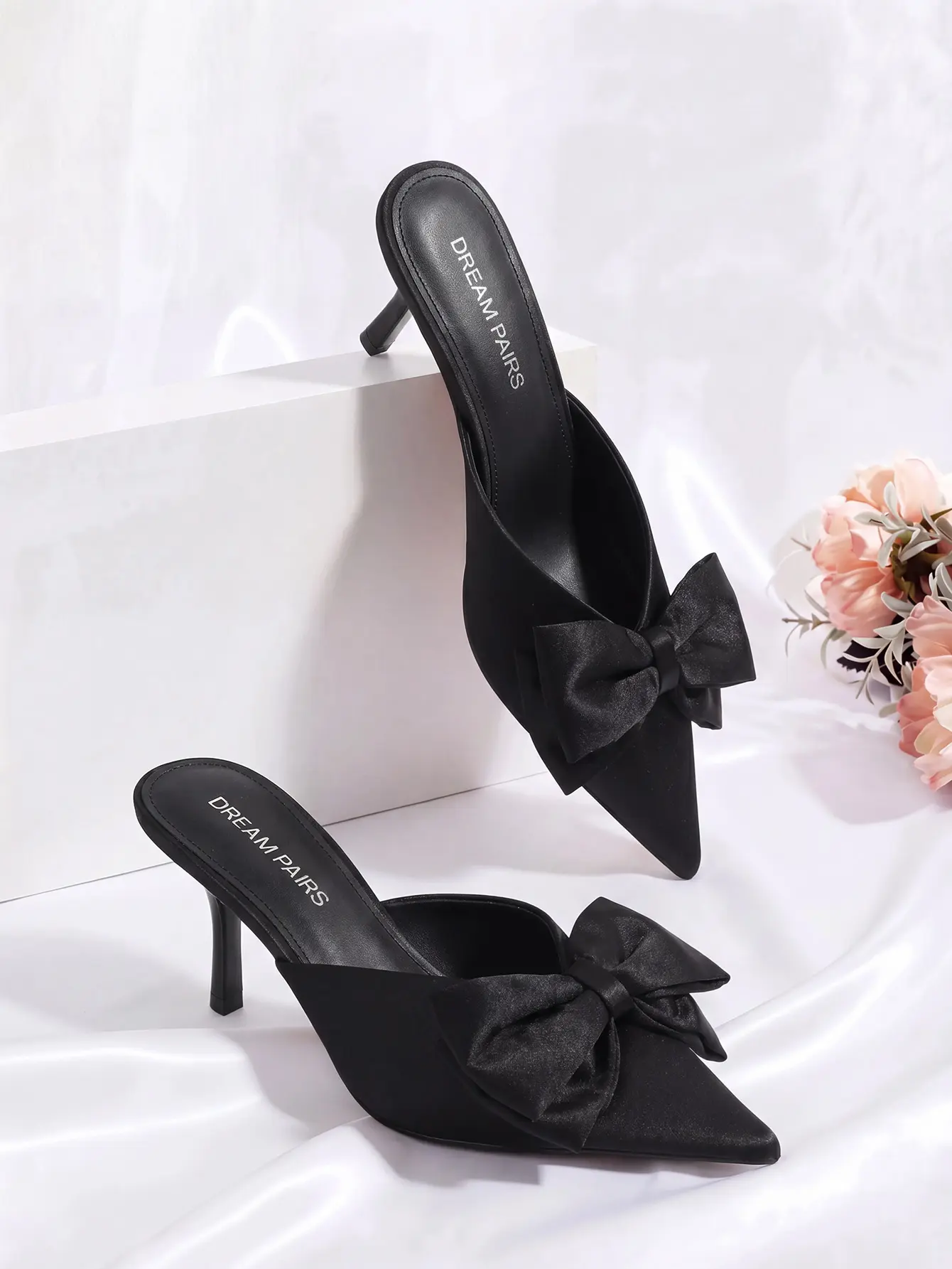 Dream Pairs Women's Chic Glam Slip-On Pointed Toe Stiletto Mule Pumps - 3.05" Leg-Lengthening Heels, Bow Detail, Foam Cushioned Insole for Wedding Guest, Party Footwear, Chic Glam Pumps, Cushioned Sole, 3.05 Inches, Classic Fashion Pumps