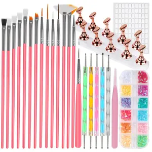 25PCS Nail Art Tools Set, Includes Nail Art Brushes, Nail Stand, Dotting Tools, Striping Liner Fingernail Drawing Pens, Jelly Glue, tweezers, Sequins, Professional Nail Art Supplies Kit, Nail Polish, Manicure
