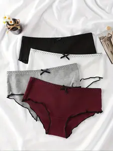 Women's Solid Bow Decor Lettuce Trim Ribbed Panty, Casual Comfy Breathable Knicker for Daily Wear, Ladies Underwear for All Seasons