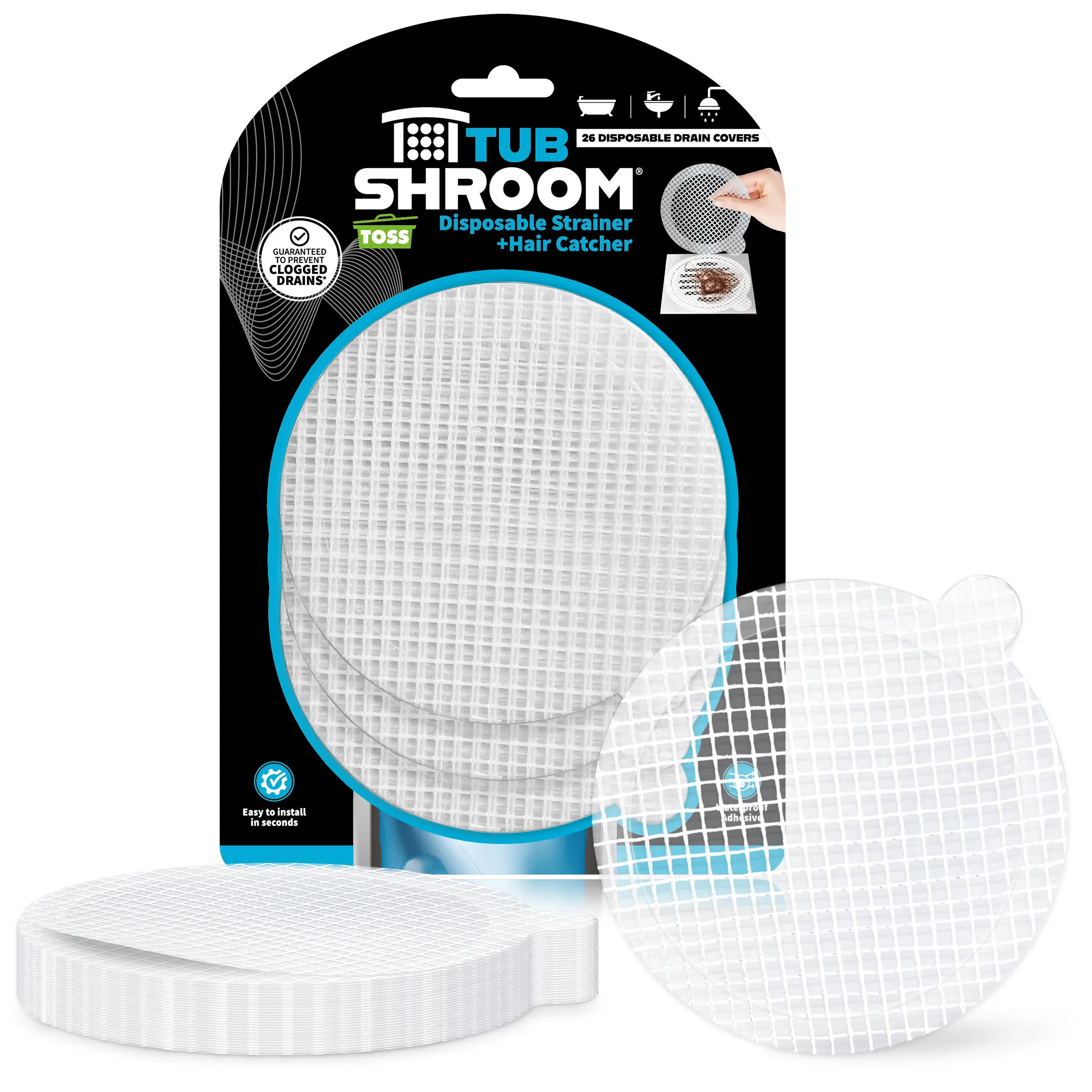 TubShroom Toss 26pk Disposable Drain Covers - Hair Catcher Mesh Sticker Strainers for Shower Bathtub, Prevent Clogged Drains, Half Year Supply Pet Waterproof Protector