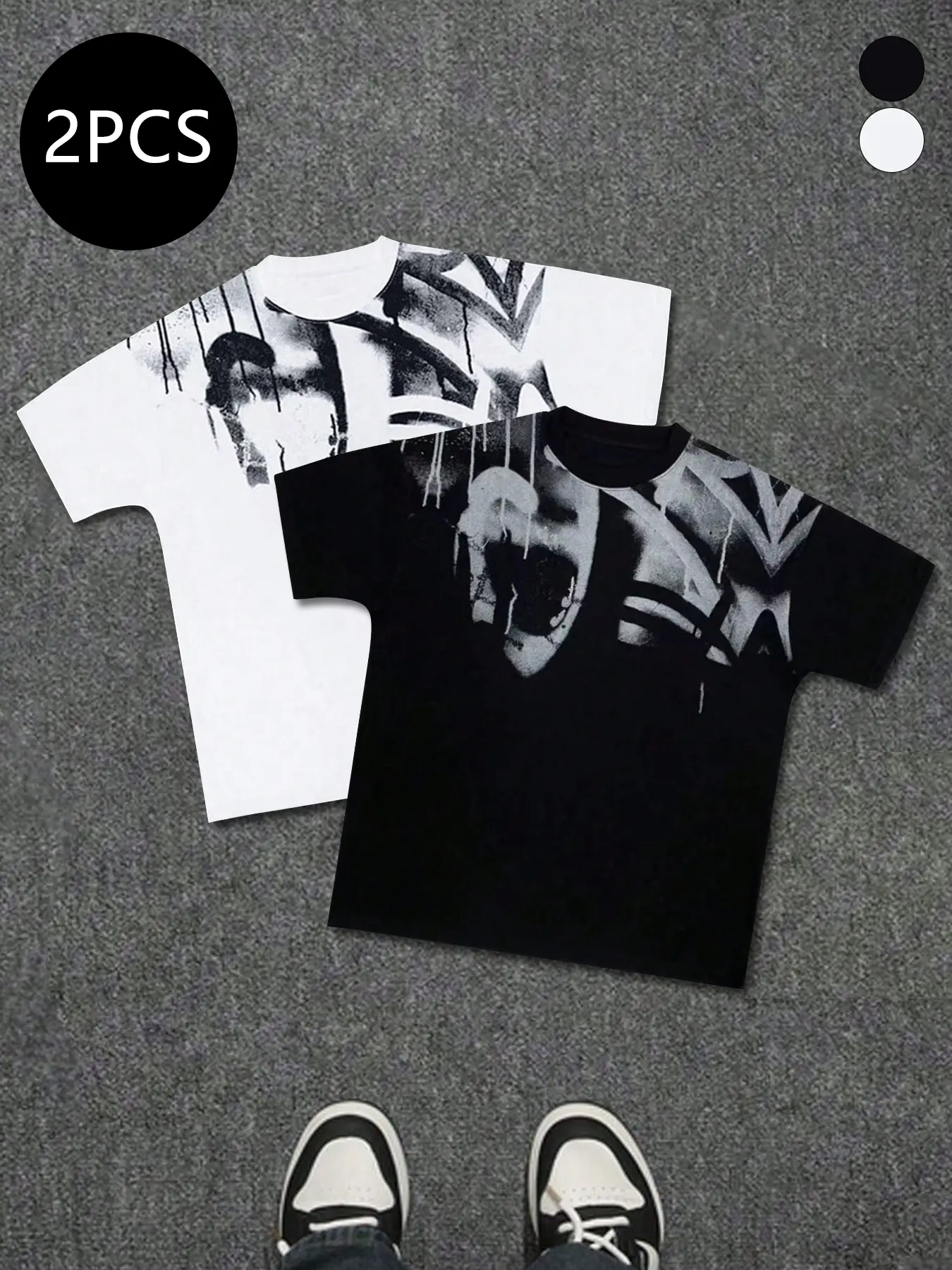 2 piece set Men's summer niche graffiti hip hop style short sleeved T shirt, summer trend high street street style versatile sports and casual loose fitting clothes