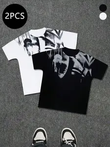 2-piece set Men's summer niche graffiti hip-hop style short sleeved T-shirt, summer trend high street street style versatile sports and casual loose fitting clothes