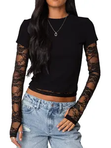 Women's Lace Trim Thumb Hole Tee,Trendy Casual Long Sleeve Round Neck Fitted T-shirt for Daily Wear, Ladies All Seasons Tops