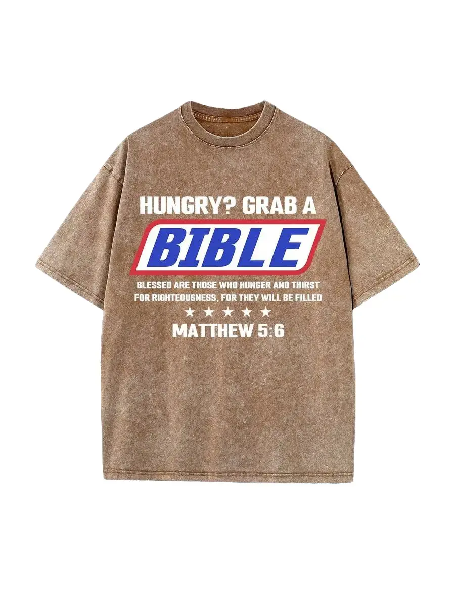 HUNGRY?GRAB A Unisex Washed Christian Shirt, Christian Scripture T-Shirt, Vintage Retro Washed Shirt Single-Sided Printed High Quality Christian T-Shirt, Christian Gifts, Men's And Women's Shirts, Comfortable, Fashion Christian Shirt