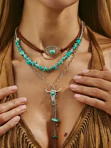 Boho Style 3-Piece Necklace Set, Western Cowboy Retro Look, Imitation Turquoise Cowhide Choker, Layered Wear for Daily/beach/western