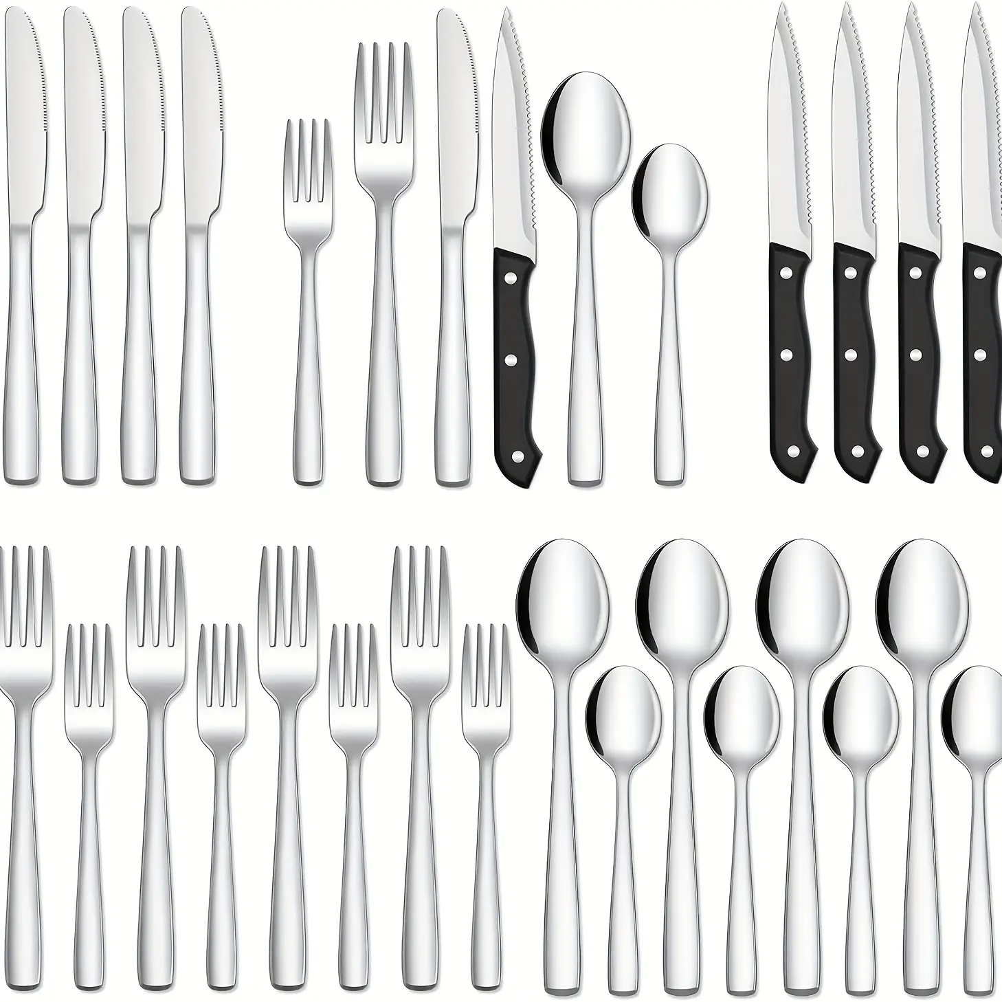 24pcs Silverware Set with Steak Knives, Stainless Steel Flatware Cutlery, Mirror Polished Flatware Serving Utensils Set for 4, Includes Forks Spoons Knives Cutlery, Dishwasher Safe & Kitchen Items Deal, Holiday Tableware, Home Dining, Sleek Design, Moder