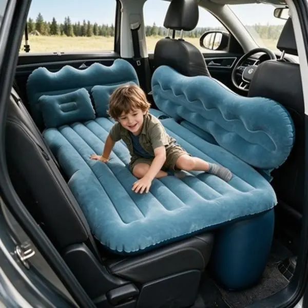 Flocked Car Air Mattress with Air Pump, Cup Holders, 2 Inflatable Pillows, Leak-Proof Thick Design, Portable for Sedans, SUVs, MPVs, Camping, Road Trips