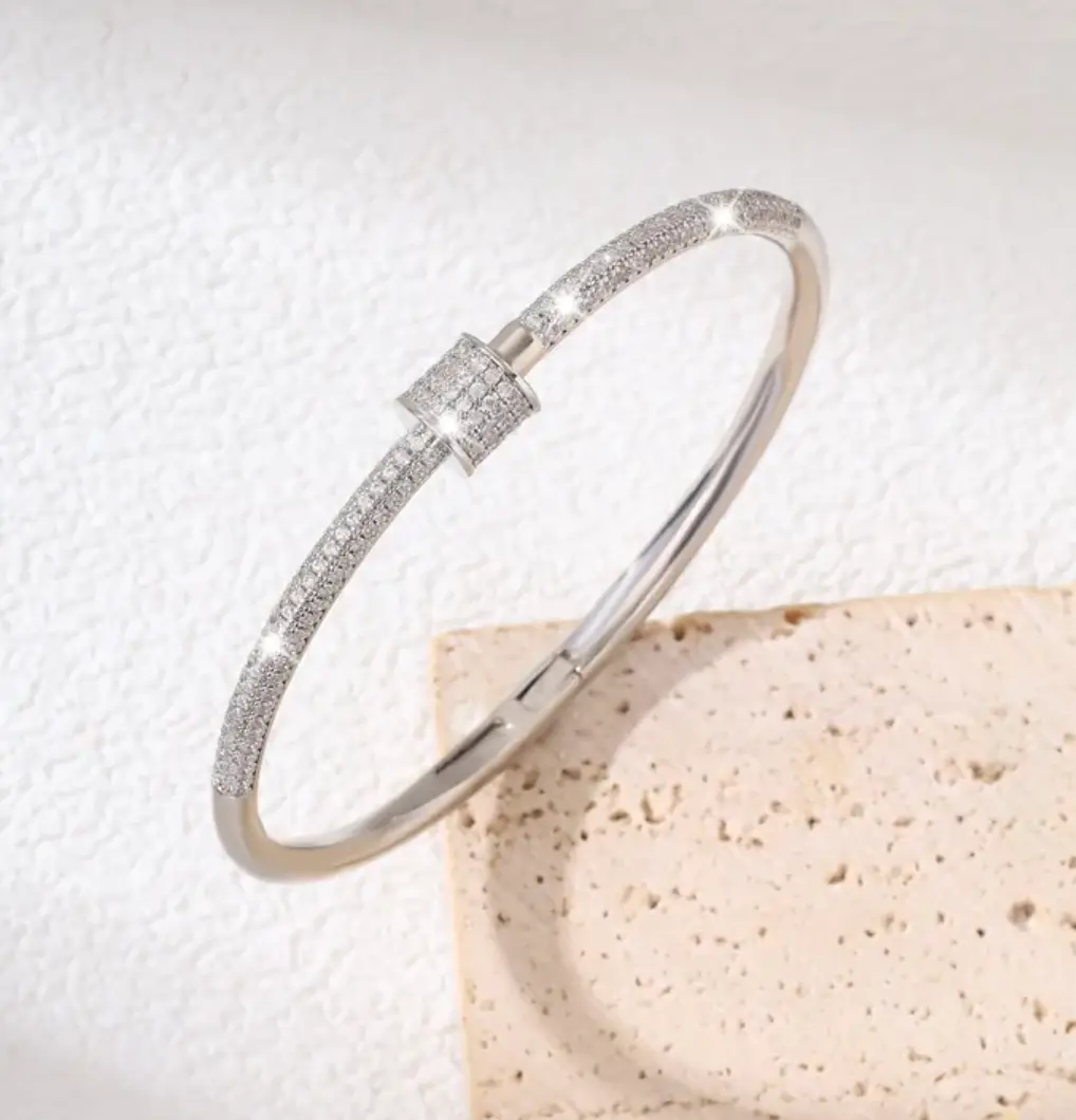 Silver Diamond Studded Bangle Bracelet with Bling Effect, Fashion Costume Jewelry Accessory, Diamond Studded Bracelet