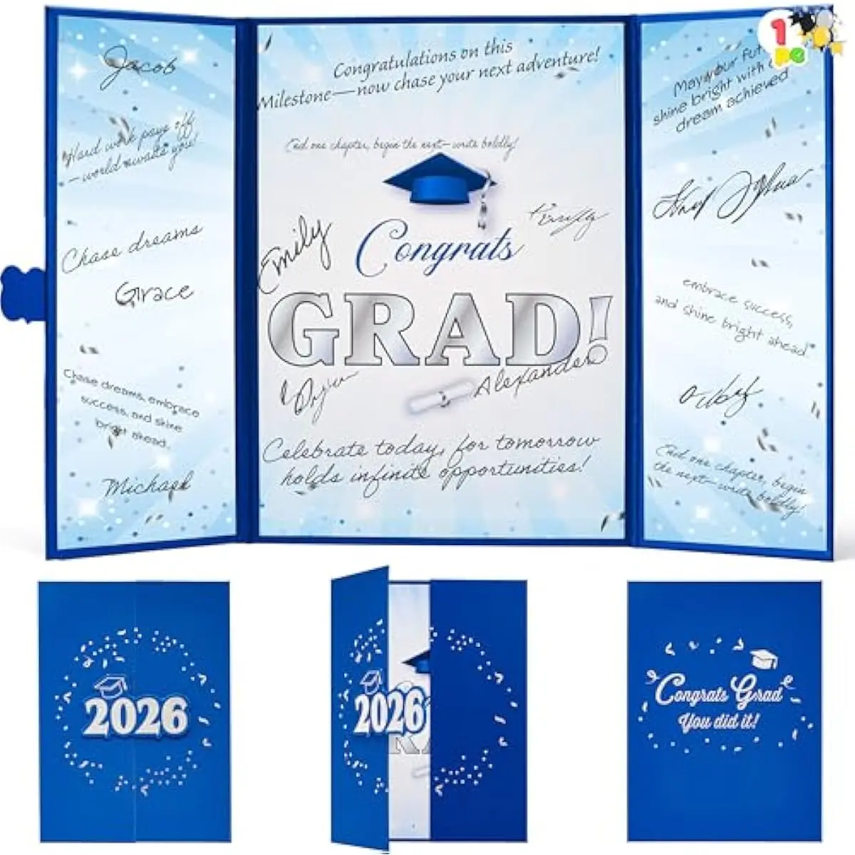 2026 Graduation Guest book Alternative, 12" Blue & Gold Graduation Party Decorations Signature Congrats, Class of 2026 Grad Card for High School College Grad Gift, Party Guest Signing Cardboard