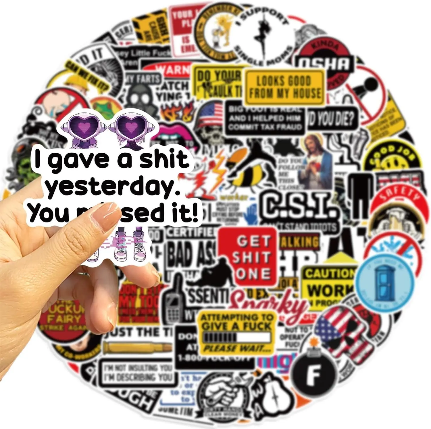 100pcs Funny Hard Hat Stickers for Adults - Waterproof Vinyl Decals for Tool Box, Welding Helmet, Construction - Prank Meme Gifts for Mechanics, Electricians, Welders