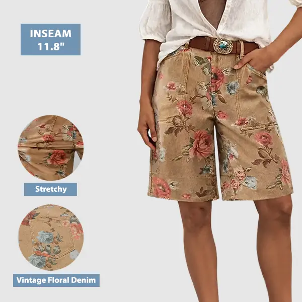 Flamingals Floral Print Patch Pocket High Rise Bermuda Shorts Without Belt Stretchy 11.8'' Inseam