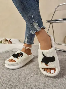 Women's Cute Cartoon Dog Embroidered Slippers, Casual Soft Comfortable, Non-slip Slippers for Indoor & Outdoor Wear, Bedroom Slippers