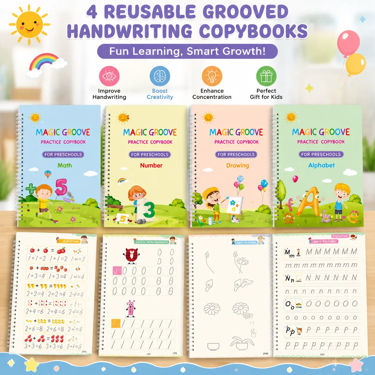 Magic Grooved Practice Copybook 4 Pc Large Reusable Handwriting Practice Scribe Book Set for Kids Ages 3-5 Preschool Calligraphy Learning Number Letter Tracing Books – Fun Educational Edition