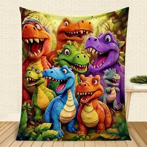 Soft Funny Throw Blanket Cute Smiling Dinosaurs Print Flannel Contemporary Animal Theme All-Season Cozy Knitted Thermo-Regulating Cover Lightweight Fabric Perfect For Napping Christmas Present