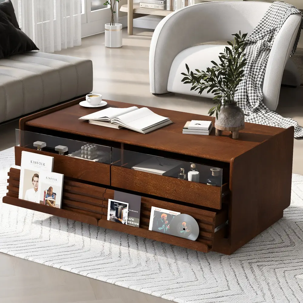 Large Size 47.2" Rectangular Vintage Fluted Groove Detail Wood Coffee Table, MDF+Glass Construction with Tempered Glass Top, 4 Drawers, 2 Display Shelves for Living Room