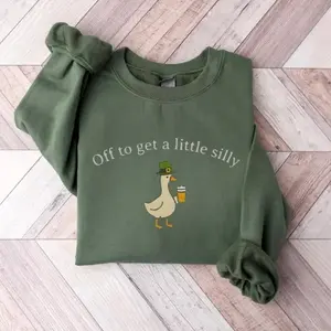 St. Patrick’s Day Funny Goose Sweatshirt, Green Irish Crewneck Pullover, “Off to Get a Little Silly” Graphic, St Paddy Outfit Gift