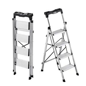 VEVOR 4 Step Ladder, Folding Step Stool with Wide Anti-Slip Pedal and Comfort Handgrip, 330 lbs Capacity Portable Aluminum Stepladder, Multi-Use for Kitchen, Home, Warehouse and Office, Silver