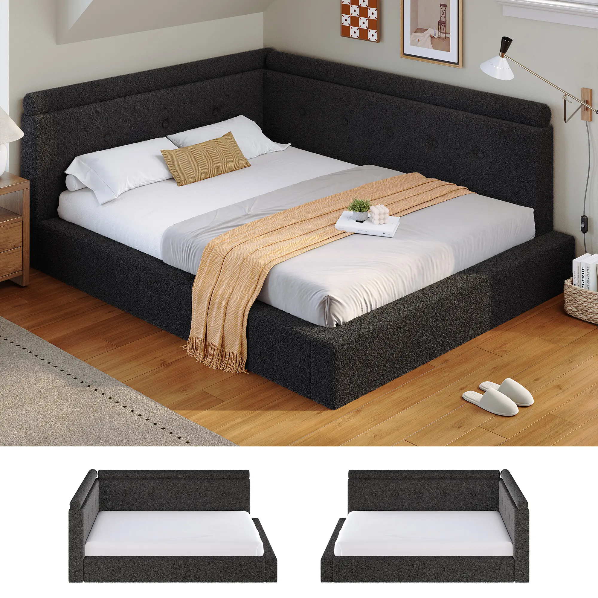[20 Mins Assembly] Raybee Bouclé  L-Shaped Corner Bed with Upholstered Wraparound Headboard, Modern Platform Low Profile Cloud Bed for Bedroom, Dormitory, Anttic, Apartment, Teens's Room, Daybed for Studio, Twin, Full Queen Size, Pink, Black, White, Gray