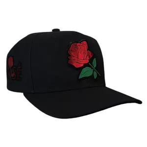 Sebashley Gorra Rose Black Snapback Hat with Red Platinum Logo & Green Leaf Design Unisex Fashionable & Versatile Accessory