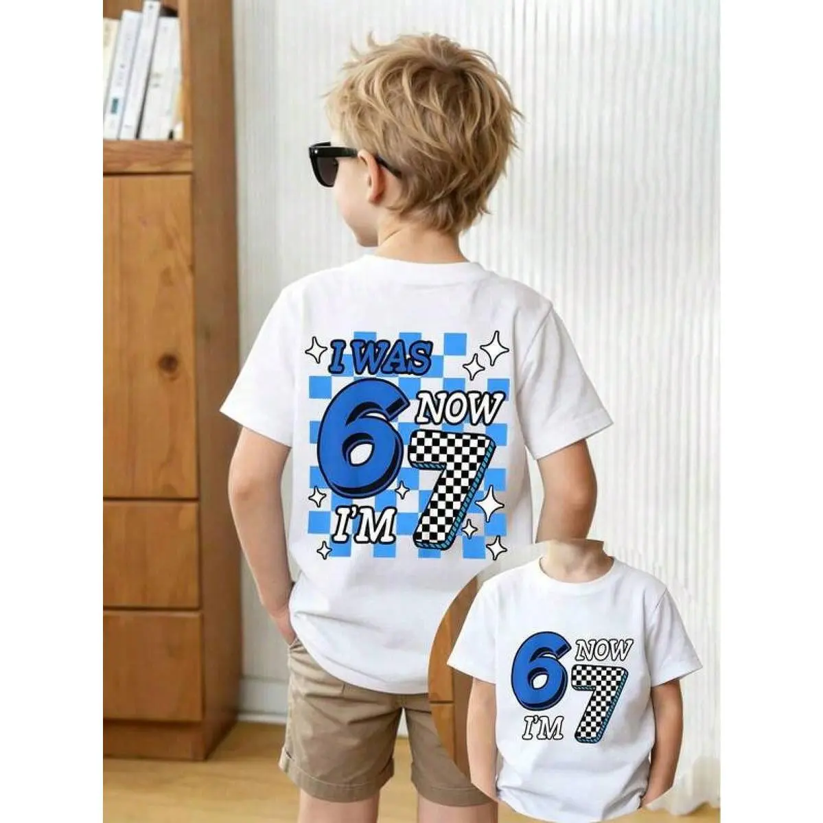 67 Number Racing Car Pattern Round Neck Summer Double-Sided T-Shirt, Shirt For Boys And Girls For Everyday Commuting, School, And Casual Sports, Short-Sleeve Top, Suitable For Holiday Outdoor Activities, Teen Clothes Summer Shirts For Boys And Girls