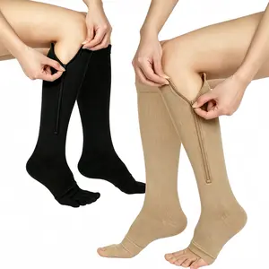 Zipper Open Toe Compression Socks 15-20mmHg, Nylon Knee High Socks for Nurses, Relieves Swelling & Varicose Veins, Improves Circulation for Work, Travel & Running