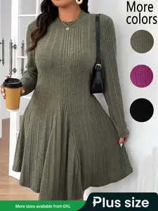【Plus Size】1 Piece Women's Ribbed Knit Long Sleeve Swing Dress, Casual Chic Style, Multiple Colors Available & Flared Silhouette, Offers Comfort & Fashion, Suitable for Women's Daily Wear, Work & Casual Outings