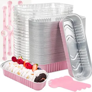 Aluminum foil mini cake pans with lids and spoons, 100 pieces, 6.8 ounces, rectangular baking trays, dessert kitchen utensils, oven molds bread foldable tool half sheet pan gift sourdough cookout tray loaf beeswax bag glass starter jar bakeware homemade