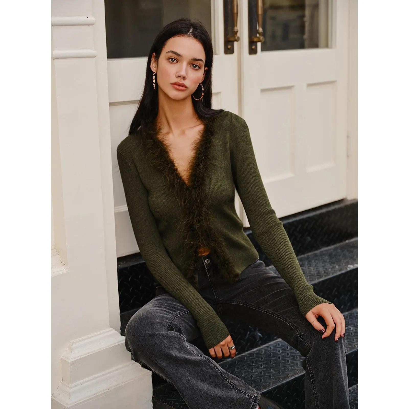 Feather Trim Wool-Blend Slim Sweater