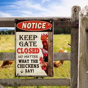 2D Flat, Vintage Metal 'Keep Gate Closed' Chicken Coop Sign - 7.87x11.8 Inch Rustic Wall Decor with Humorous Chicken-Themed Message, Perfect for Outdoor Farmhouse & Garden, Chicken Coop Accessories, Humorous Decor, Classic Design, Durable Construction, 2D
