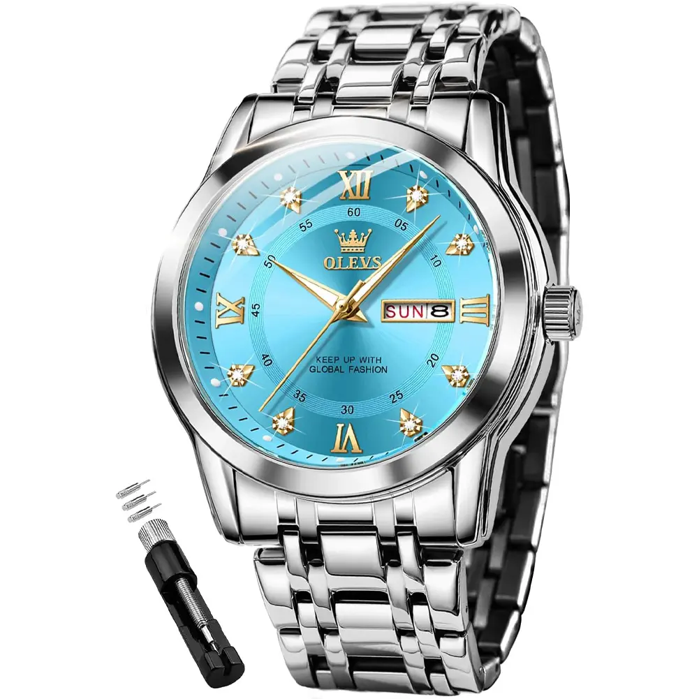 OLEVS Men's Fashion Dress Watch, Quartz, Analog, Light Blue Round Dial, Silver Stainless Steel Metal Band, Waterproof, Luminous Diamond Markers, Calendar, Week, Day, Date, Casual Men's Wristwatch, Perfect Holidays Gift with Strap Adjuster Tool G5513