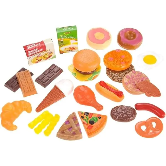 30 Pieces Deluxe Fast Food & Dessert Play Food Cooking Set| Colorful Pretend Play Kitchen Accessories | Unique Gift for Toddlers, Boys & Girls