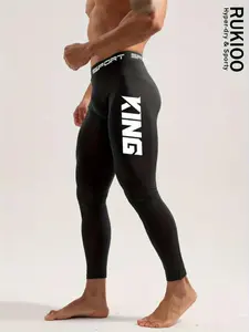 Men's Sports Compression Leggings with Letter Print, Breathable Moisture-wicking Fabric, Tight-fitting Stretchy Activewear for Basketball, Gym, Cycling and Running