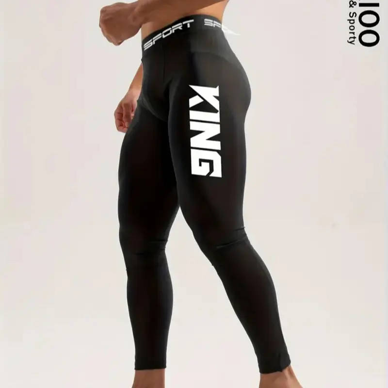 Men's Sports Compression Leggings with Letter Print, Breathable Moisture-wicking Fabric, Tight-fitting Stretchy Activewear Workout Sportswear for Basketball, Gym, Cycling and Running