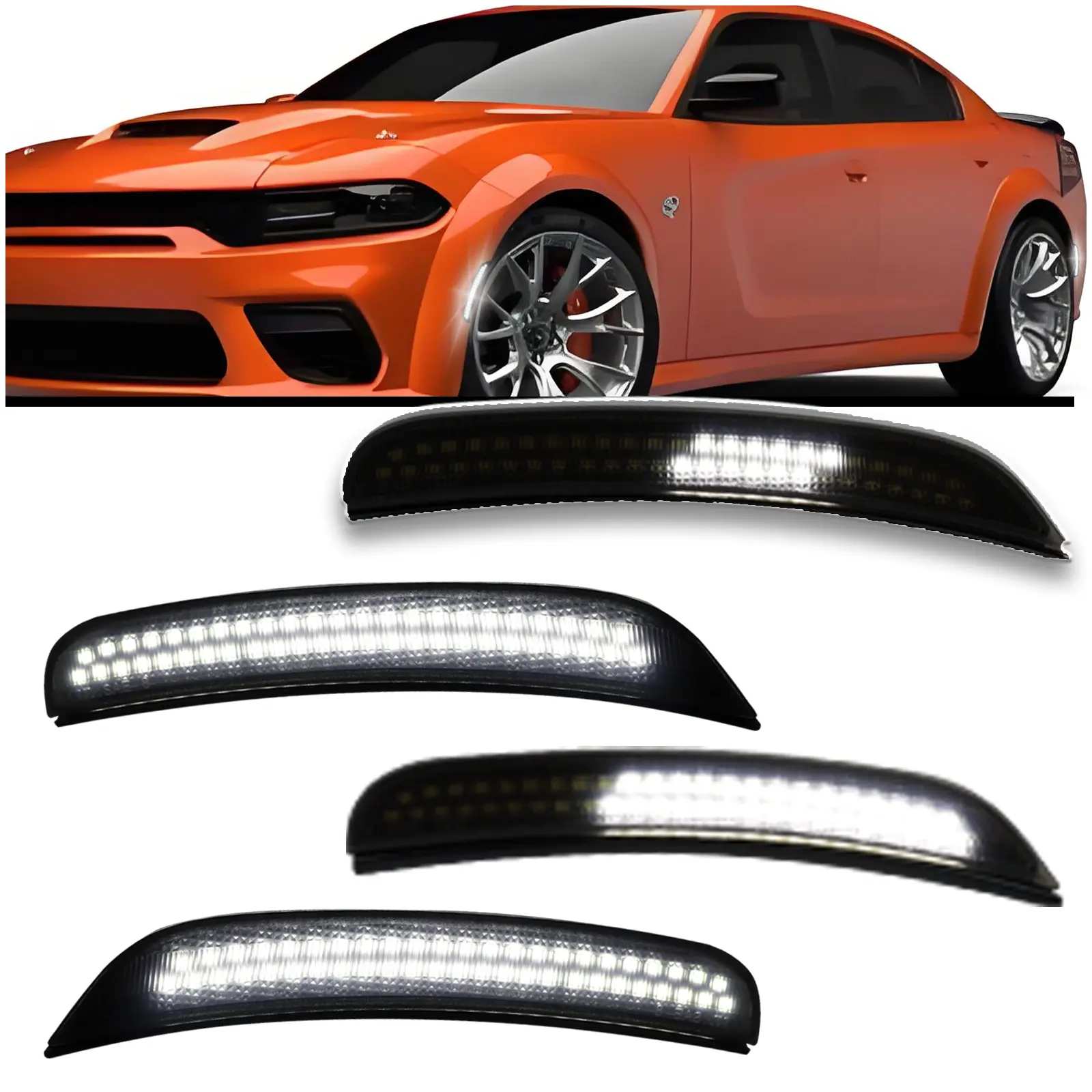 LED Light 4pc Direct Replacement Kit for 2015-2024 Dodge Charger (SXT/Scat Pack/SRT Hellcat) - Dynamic ABS Side Marker Lights, 360-Degree Sequential White Turn Signals, 2 Front + 2 Rear, Easy Plug & Play Install, 68214127aa