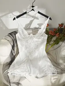 Valentine's Day Lingerie Set 2-Piece, Women's Sexy Sleepwear Mesh Sheer Lace Nightgown V-Neck Halter Dress, Bridal Gift