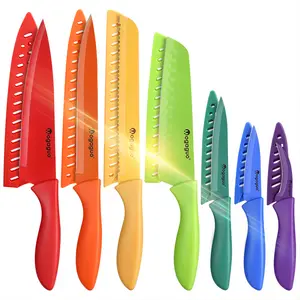 7PCS Rainbow Sharp Kitchen Knives Set, Nonstick Ceramic Coated Blades Stainless Steel Knives Set with Covers for Cooking
