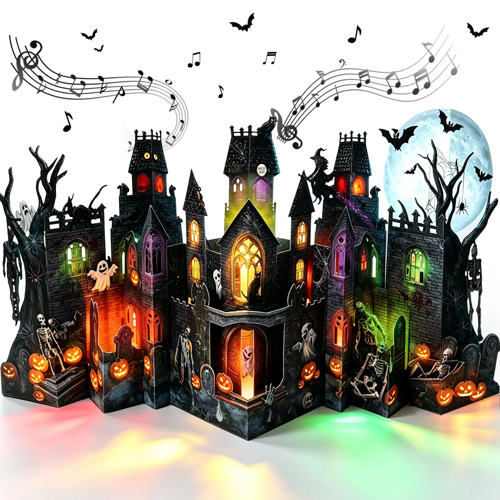 FaCraft Paper 3D Pop-Up Horror Theme Halloween Card with Music Lights, Jumbo Size 20x11in Accordion Fold Haunted Castle, Envelope, Writing Insert, Seal, Office Stationery for Kids