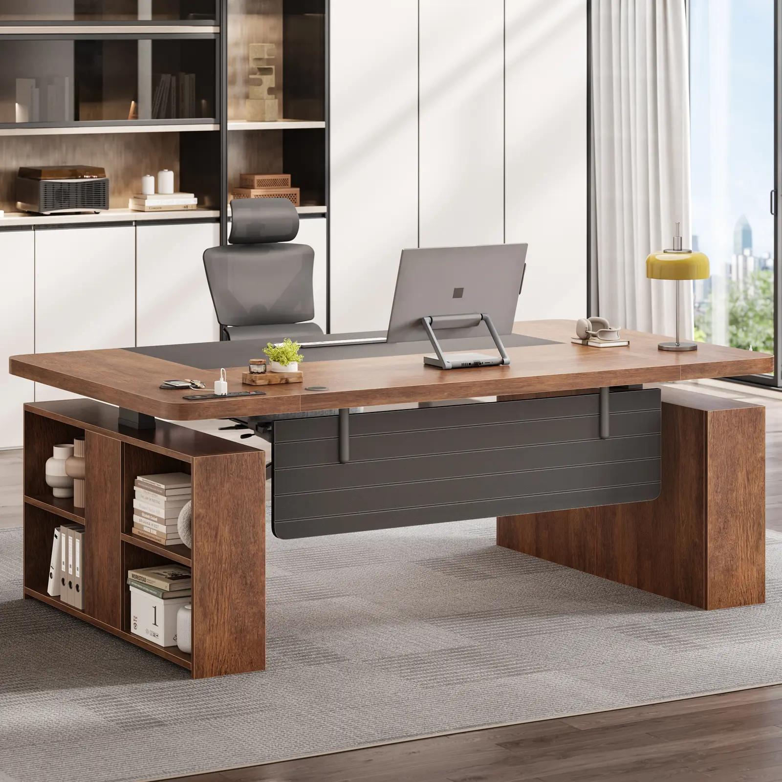Sedeta 63" Sturdy Computer Desk - Modern Rectangular Top Executive Height-Adjustable Wood Workstation with Built-In Charging, Open Shelf, Privacy Panel for Office, Home Use, Furniture-Style, Durable, Heavy Duty Office Furniture, Furniture-Style Computer W Sedeta 63" Sturdy Computer Desk - Modern Rectangular Top Executive Height-Adjustable Wood Workstation with Built-In Charging, Open Shelf, Privacy Panel for Office, Home Use, Furniture-Style, Durable, Heavy Duty Office Furniture, Furniture-Style Computer W