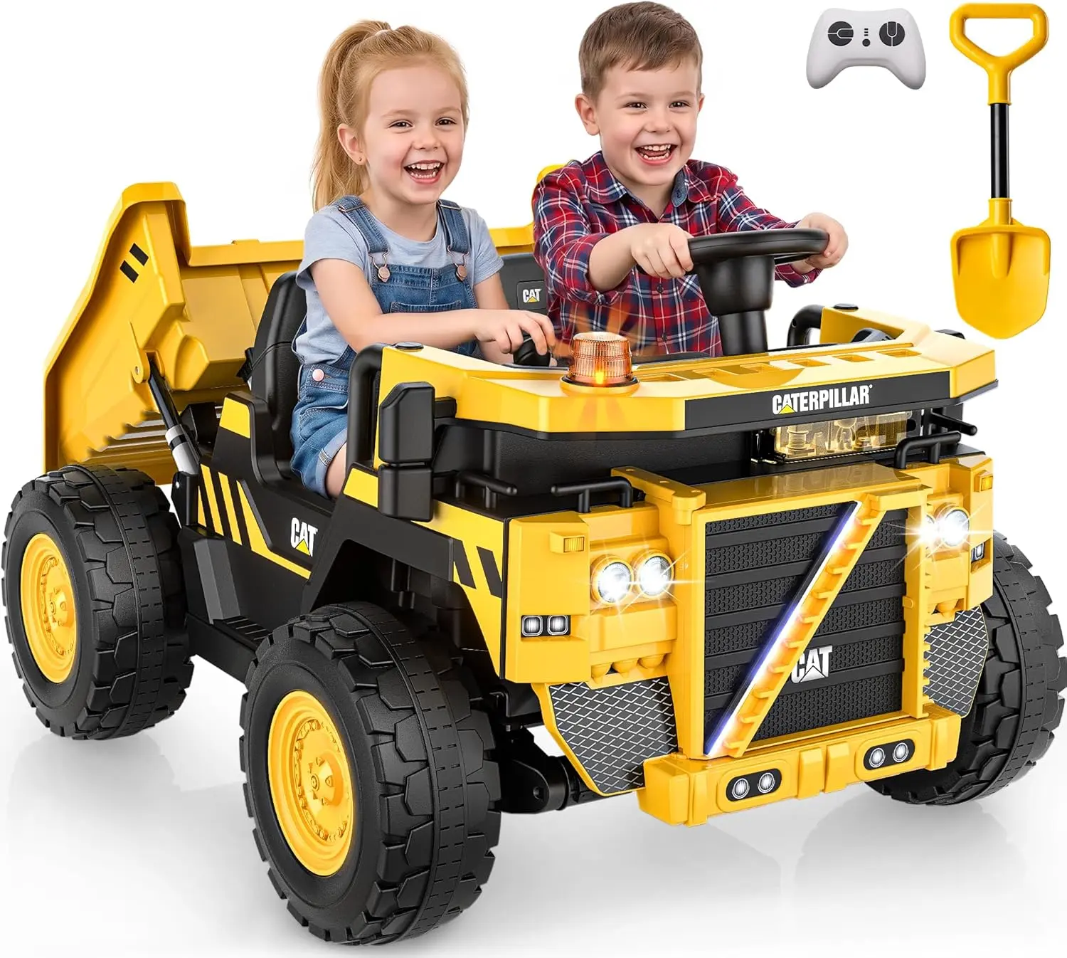 Licensed Caterpillar 24V Ride On Dump Truck for Kids, 2 Seater Ride on Toys w/Remote Control, 4×100W Motors, Max 5.1 MPH, Electric Dump Bed, Extra Shovel, Warning Lights, Realistic Cockpit, Electric Car for Kids 3-8 #DealsForYouDays