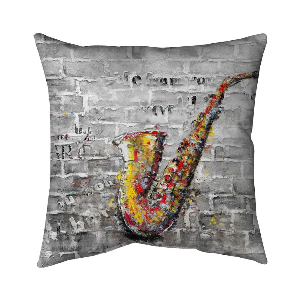 Vibrant 20x20in Graffiti Saxophone Printed Spun Polyester Throw Pillow - 360-Degree Rotatable Stand, UV Protected, Artistic Musical Motif, Indoor/Outdoor, Durable, Creative Decorative Cushion, Gift for Musicians, Sun Protection, Musical Vibe