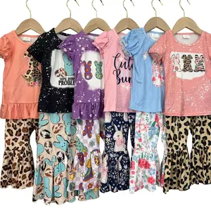 Todder Girls Easter western Egg Bunny Short Sleeve Pant Suit,Kids Clothes Toddler