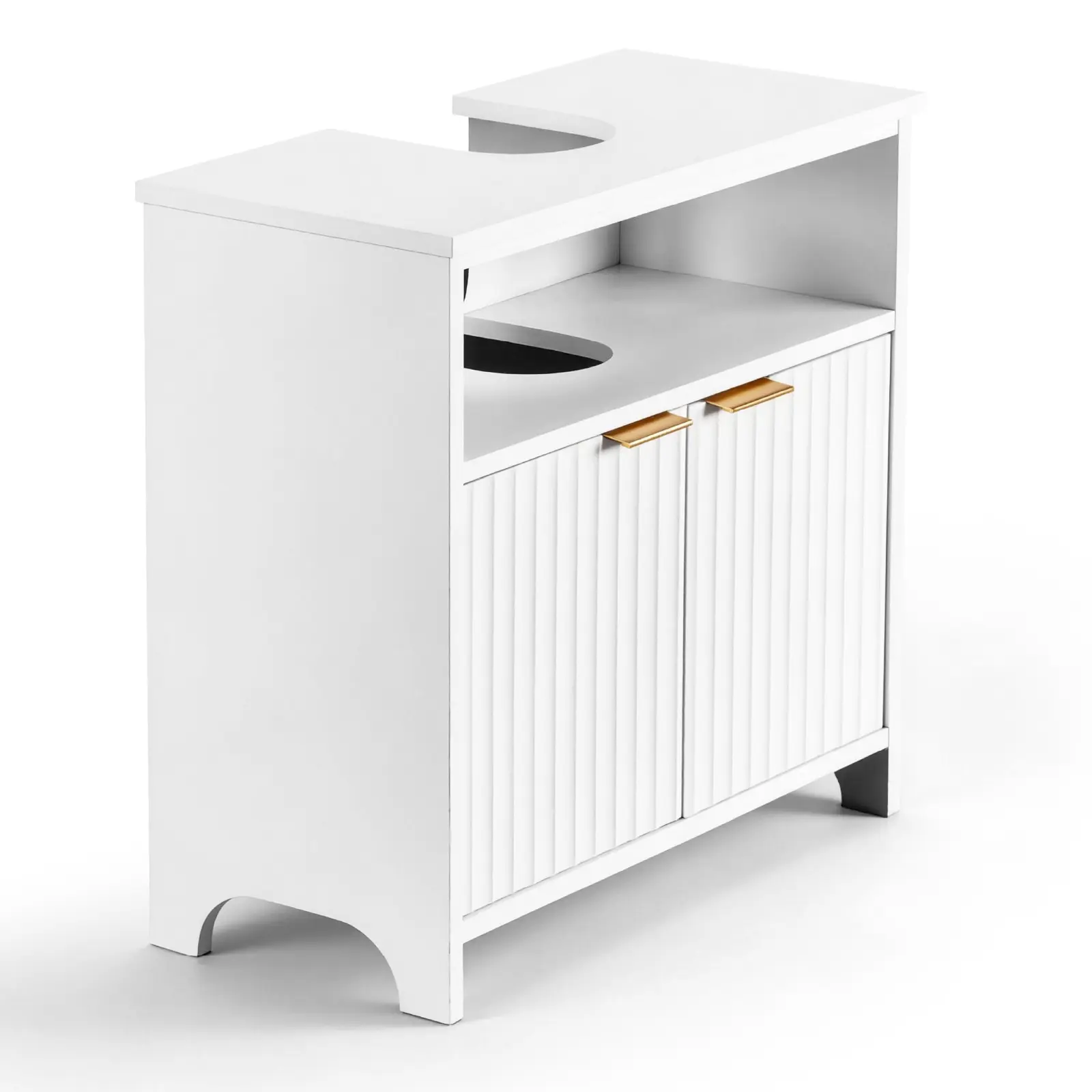 Modern White Particleboard Bathroom Vanity - Melamine Veneer, Grille Thermoformed, 2-Door 1-Shelf Storage Cabinet, Easy-to-Clean Enclosure, Assembly Required Indoor Furniture