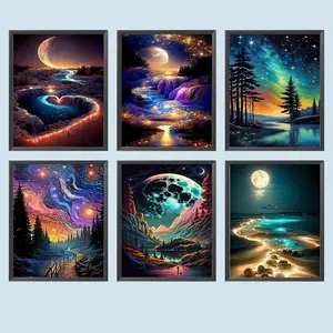 Moon & River & Forest Pattern DIY Diamond Arts Colorful Painting Kit without Frame, 6 Counts/set DIY 5D Diamond Arts Colorful Painting Kit, Wall Art Decor for Home, Handicraft, Diamond Painting Kits