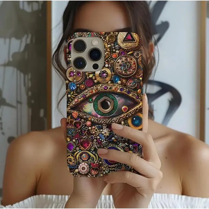 Evil Eye Charm Mosaic Phone Case Collage Design with Realistic Gold Purple Gem Effects for iPhone 16 15 14 13 12 11 Pro Max Protective Durable