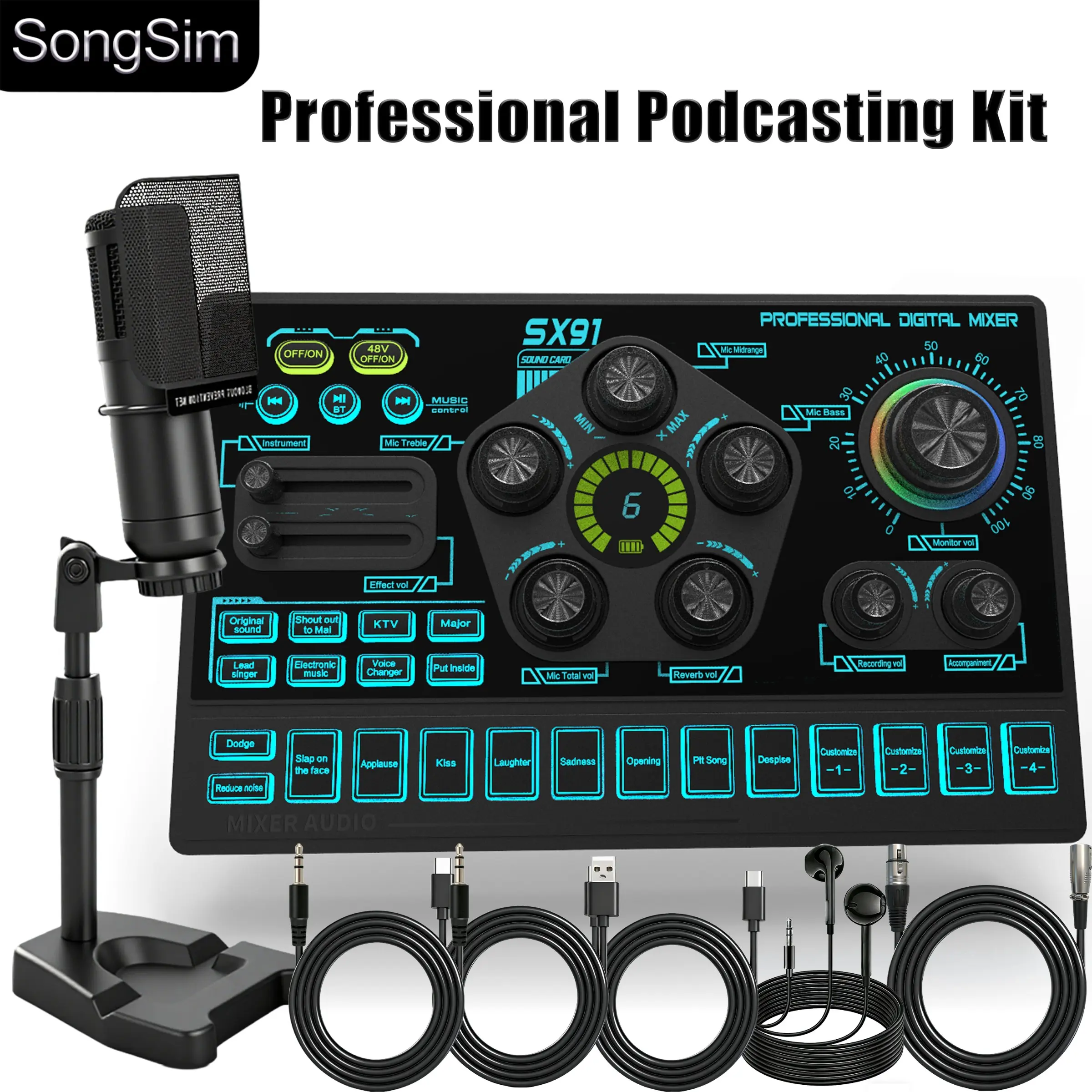 Sx91 Professional Live Streaming Digital Sound Card Set, Streaming Audio Mixer Sound Card, Live Sound Cards, Bm800 Microphone, 48v Phantom Power, Smart Noise Reduction, Full Interface Compatibility, Podcast Equipment Kit, Sound Card Package