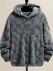 Men's Letter Embroidery Drop Shoulder Fuzzy Hoodie, Regular Fit Casual Fashion Fabric Long Sleeve Hooded Sweatshirt for Spring & Fall, Mens Clothing, Fashion Men's Longsleeves Clothes for Daily Wear, Streetwear, Trendy Clothes