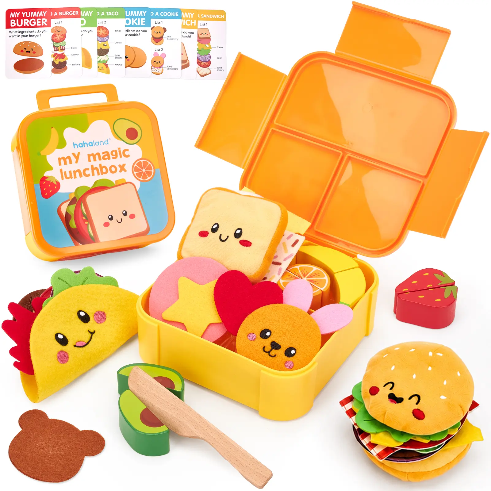 hahaland 43PCS Miniature Lunchbox Cooking Playset, Toddler Roleplay Toy with Fruits, Veggies, Menu Cards, Chopping Knife, Food Preparation Learning Tool, Preschool Confidence-Building Birthday Gift for Ages 3+, Miniature Set, Toddler Toys